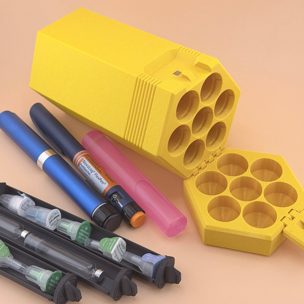 TechPod7 Travel Case - 7 Slot Bag Organizer for Insulin Pens, Peptide Pens, Needle Tips or Ice Packs (Yellow)