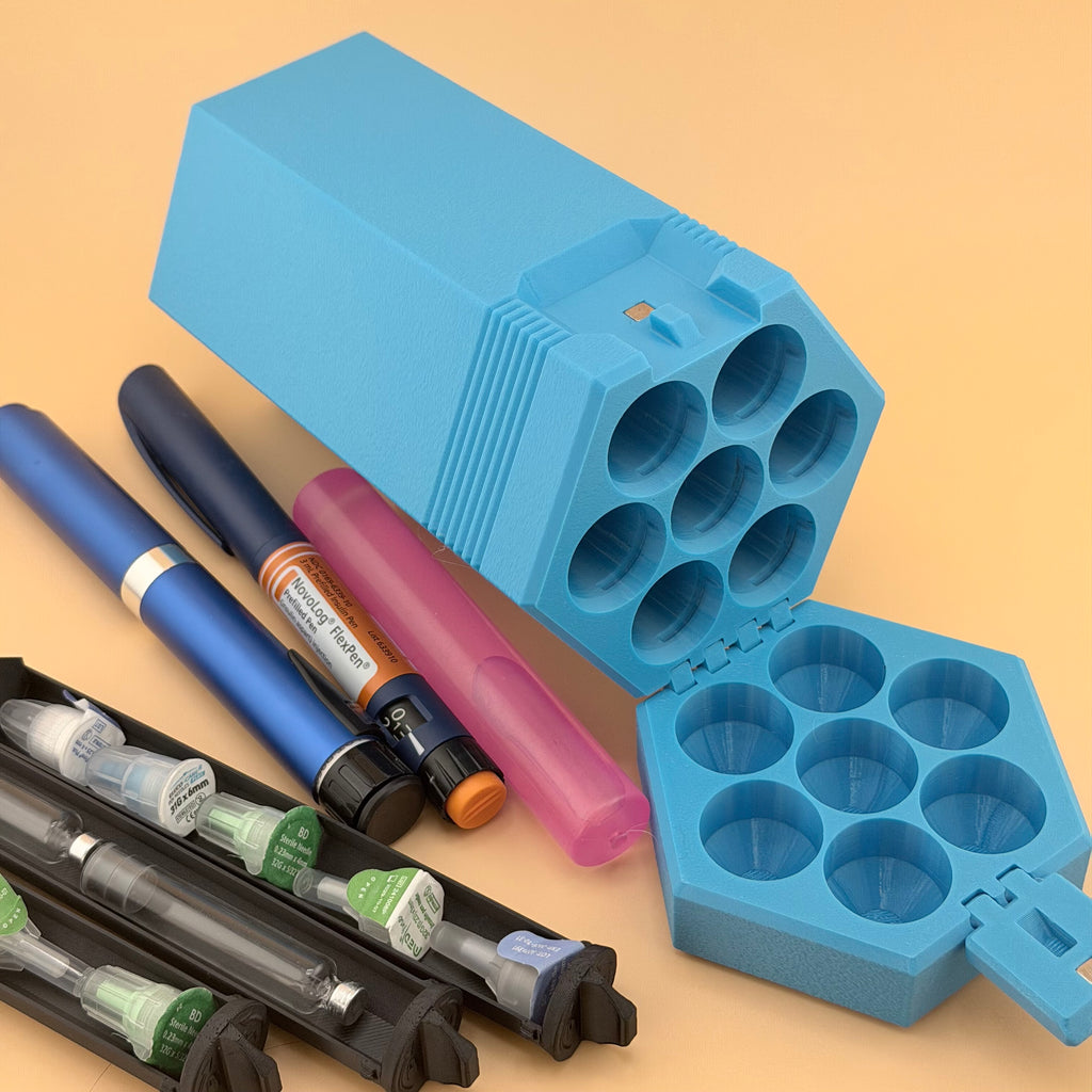 TechPod7 Travel Case - 7 Slot Bag Organizer for Insulin Pens, Peptide Pens, Needle Tips or Ice Packs (Blue)