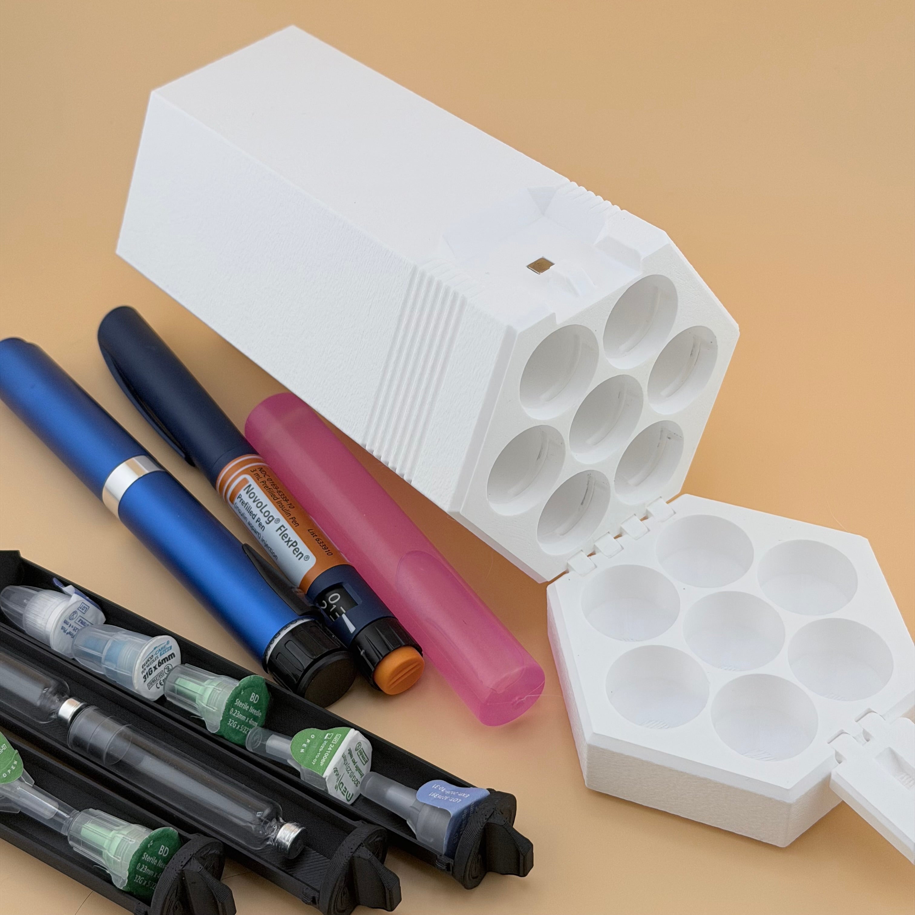 TechPod7 Travel Case - 7 Slot Bag Organizer for Insulin Pens, Peptide Pens, Needle Tips or Ice Packs (White)