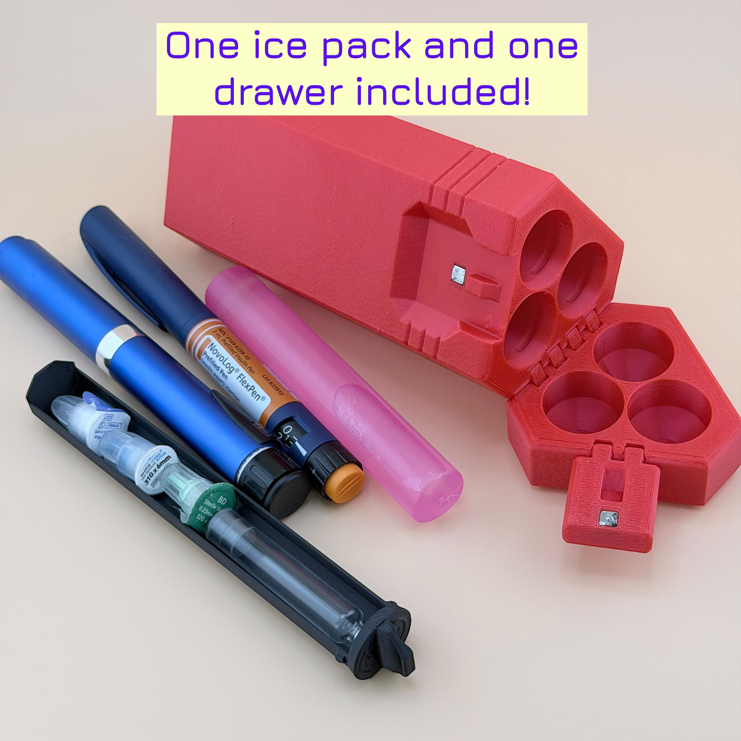 TechPod3 Travel Case - 3 Slot Bag Organizer for Insulin Pens, Peptide Pens, Needle Tips or Ice Packs (Red)