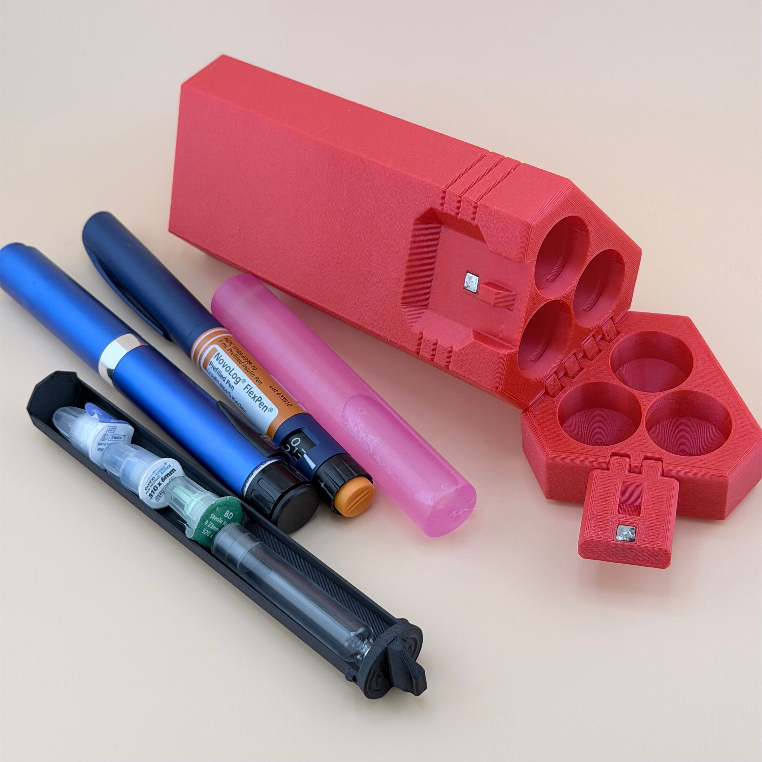 TechPod3 Travel Case - 3 Slot Bag Organizer for Insulin Pens, Peptide Pens, Needle Tips or Ice Packs (Red)