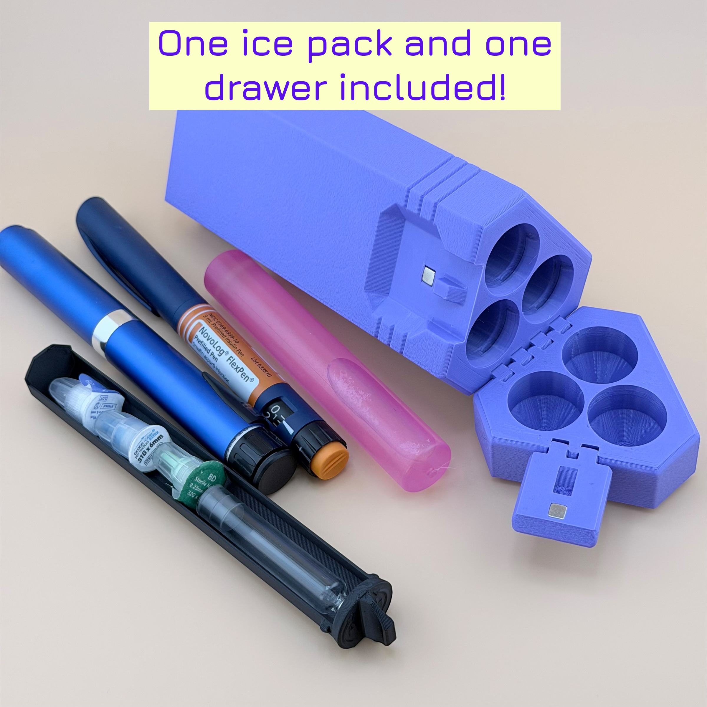 TechPod3 Travel Case - 3 Slot Bag Organizer for Insulin Pens, Peptide Pens, Needle Tips or Ice Packs (Purple)
