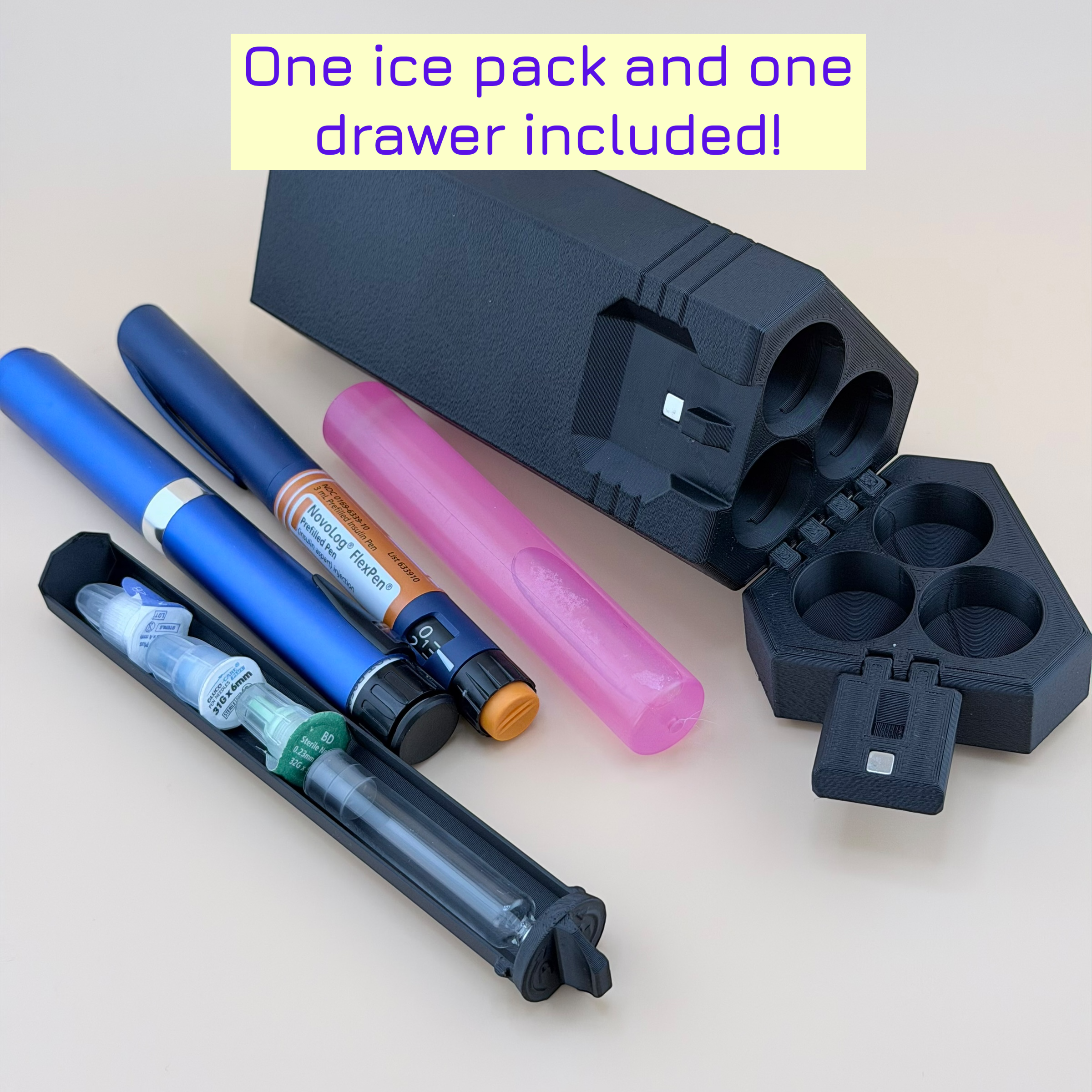 TechPod3 Travel Case - 3 Slot Bag Organizer for Insulin Pens, Peptide Pens, Needle Tips or Ice Packs (Black)