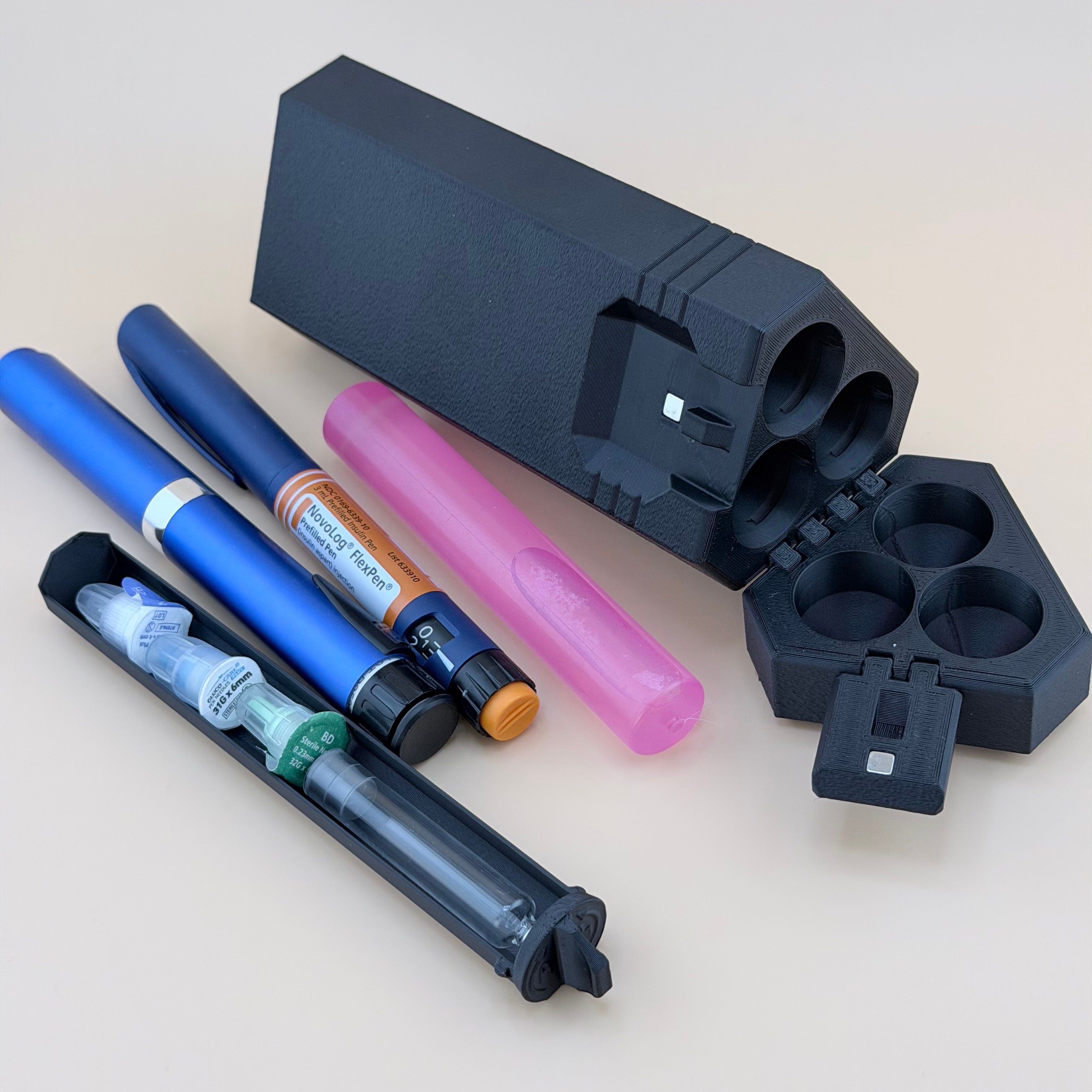 TechPod3 Travel Case - 3 Slot Bag Organizer for Insulin Pens, Peptide Pens, Needle Tips or Ice Packs (Black)