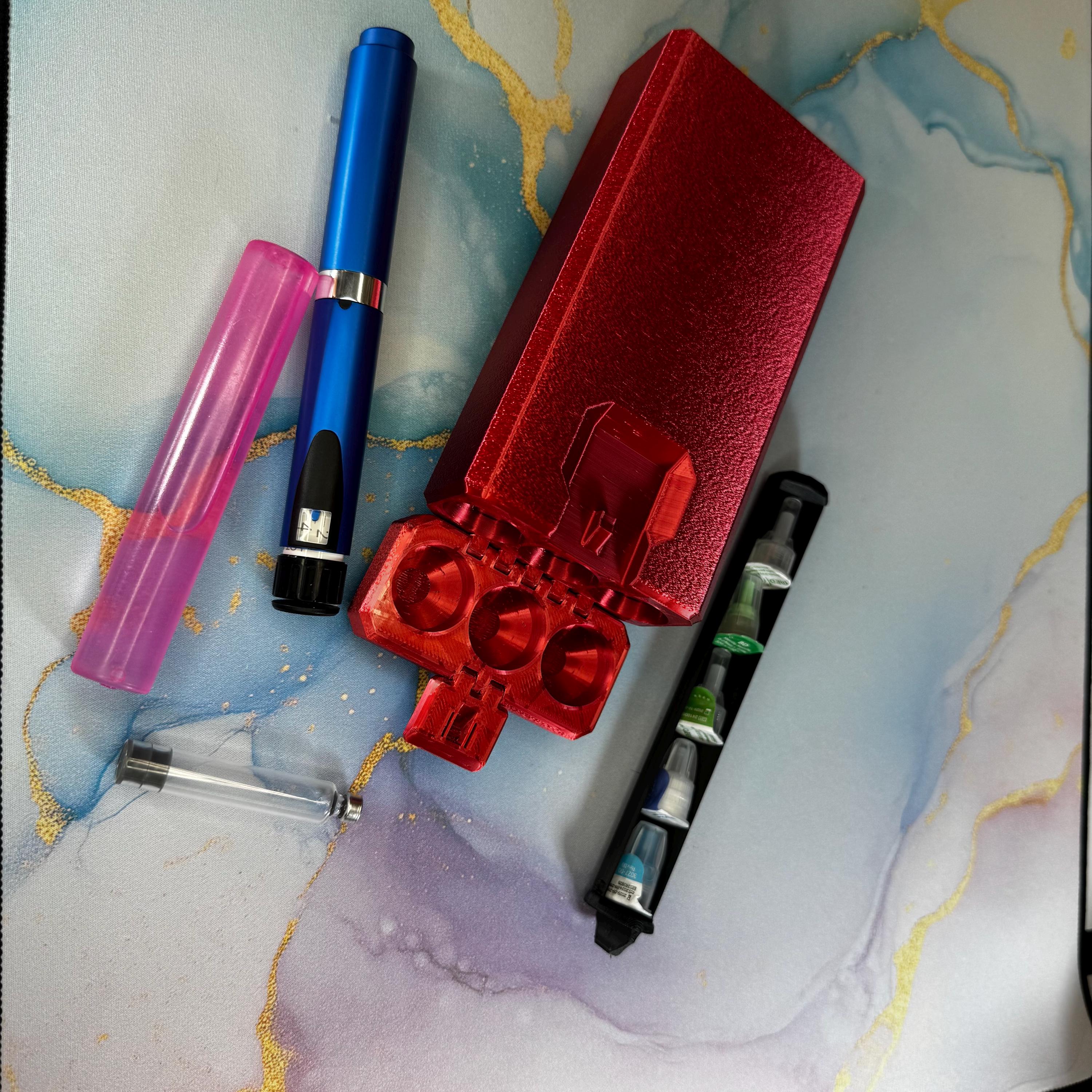 Insulin/peptide pen case with drawers for needle tips, cartridges or ice packs